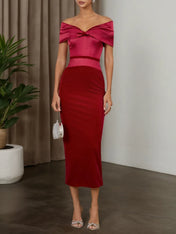 Wine Red Velvet Off The Shoulder Short Sleeve Sheath Maxi Dress