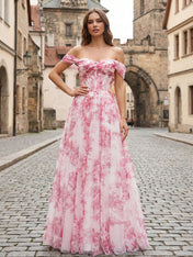 Pink Floral Off-the-Shoulder Corset A-Line Long Prom Dress