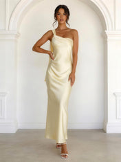 Champagne One Shoulder Mermaid Tea Length Maxi Dress for Women