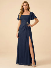 Navy Blue Square Neck Flutter Sleeve Slit Evening Gown with Rhinestone