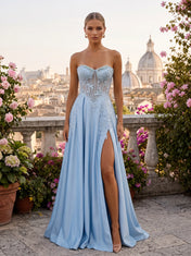 Strapless Beaded Illusion Corset Satin A-Line Prom Dress with High Front Slit