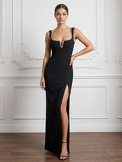 Black Regular Straps Satin Mermaid Maxi Dress with Slit