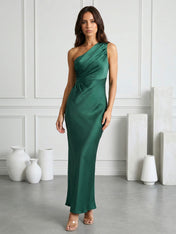 Green One Shoulder Tea Length Maxi Dresses with Pleat Mermaid Evening Dress