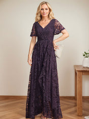 A-Line V-Neck Asymmetrical Lace Mother of the Bride Dress With Cascading Ruffles