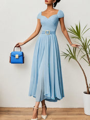 Light Blue Pleated Ruched Sweetheart Neckline A-Line Maxi Chiffon Dress