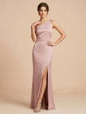 One-Shoulder Satin Mermaid Bridesmaid dresses with Dramatic Thigh-High Side Slit