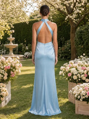 Light Blue Halter Satin Evening Dress with Keyhole Slit