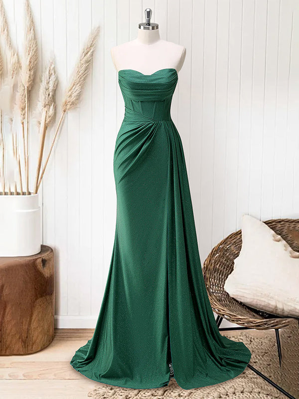 Glitter Royal Blue Strapless Mermaid Long Prom Dress with Slit