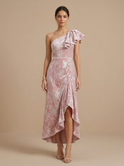 Floral Velvet One-Shoulder High-Low Evening Dresses with Ruffles