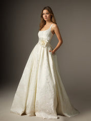 White Ball-Gown with Pockets Floral Jacquard Wedding Dress