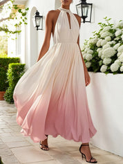 Pink Chiffon Halter Ombre Pearl Cut Out Sleeveless A-Line Mock Neck Maxi Dress