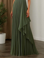 Fall Wedding Guest Dress Green Ruched Asymmetrical Maxi Gown