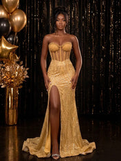 Strapless Sequin-Accented Mermaid Prom Dress with High Slit