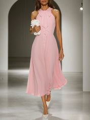 Pink Bow Peplum Chiffon Halter Sleeveless A-Line Midi Dress