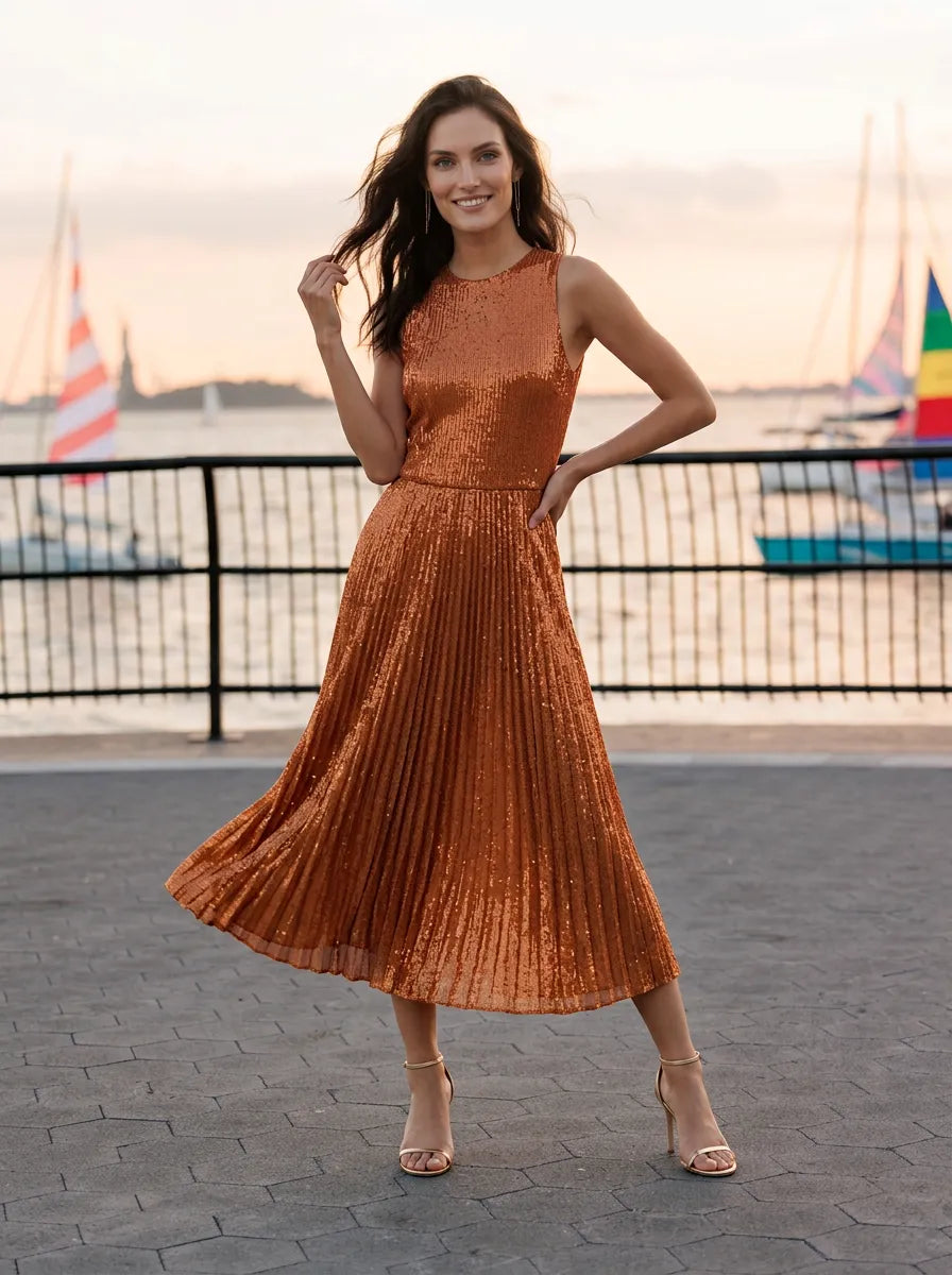 Copper Sequin Sleeveless Pleated Midi Evening Dress