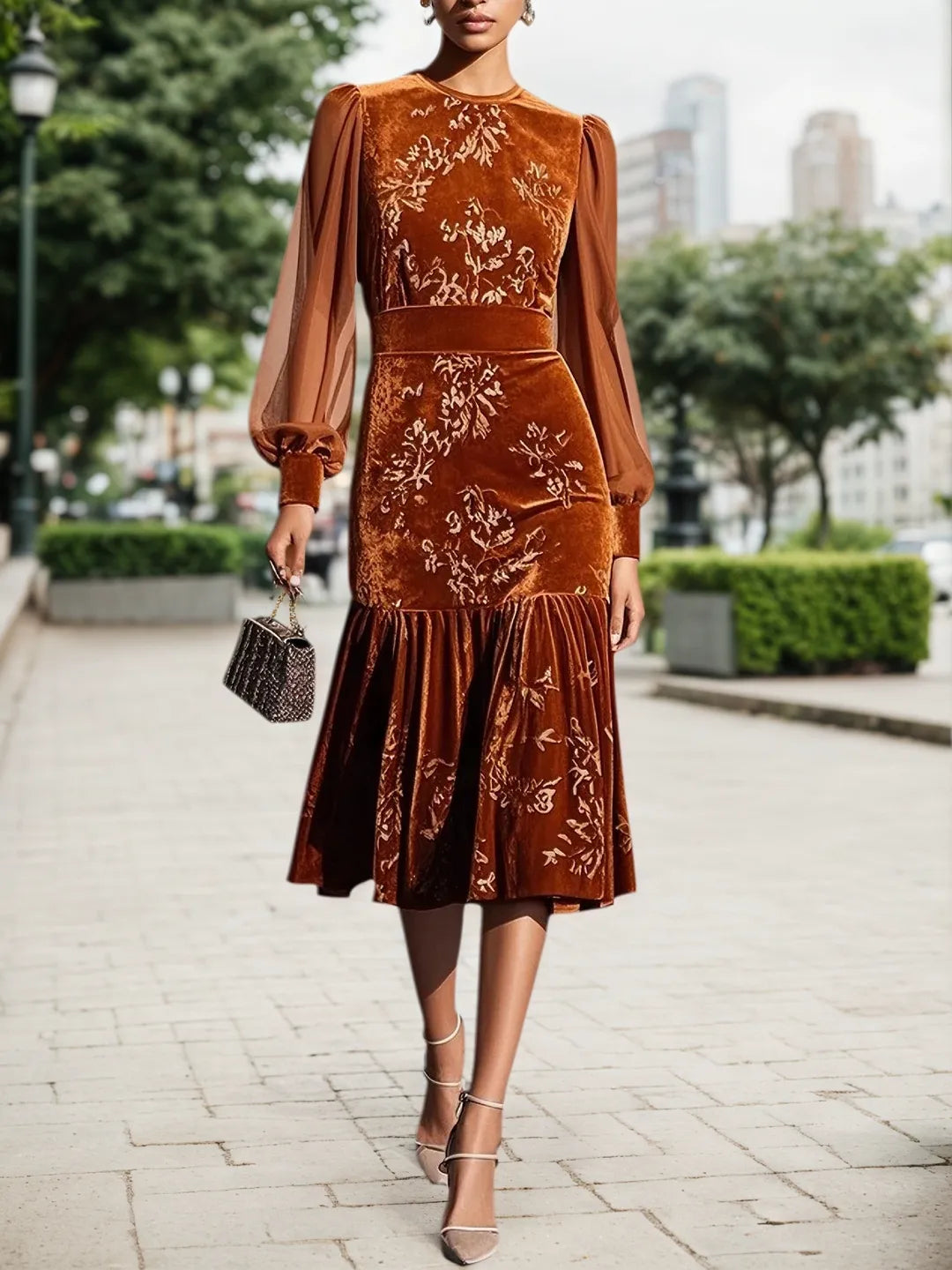 Caramel Mesh Velvet Crew Neck Long Sleeve Balloon Sleeve Mermaid Midi Dress