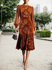 Caramel Mesh Velvet Crew Neck Long Sleeve Balloon Sleeve Mermaid Midi Dress