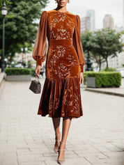 Caramel Mesh Velvet Crew Neck Long Sleeve Balloon Sleeve Mermaid Midi Dress