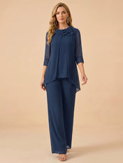 Scoop Neck 3/4 Sleeve Pleated Chiffon Mother of the Bride Pantsuit