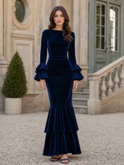 Long-Sleeve Tiered Ruffle Velvet Mermaid Evening Dress