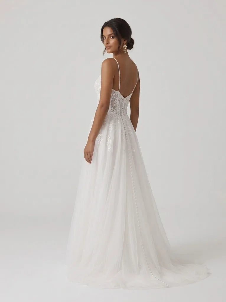 Spaghetti Strap Embroidered Lace Corset A-Line Wedding Dress with Covered Button Placket and Sweep Train