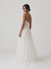 Spaghetti Strap Embroidered Lace Corset A-Line Wedding Dress with Covered Button Placket and Sweep Train