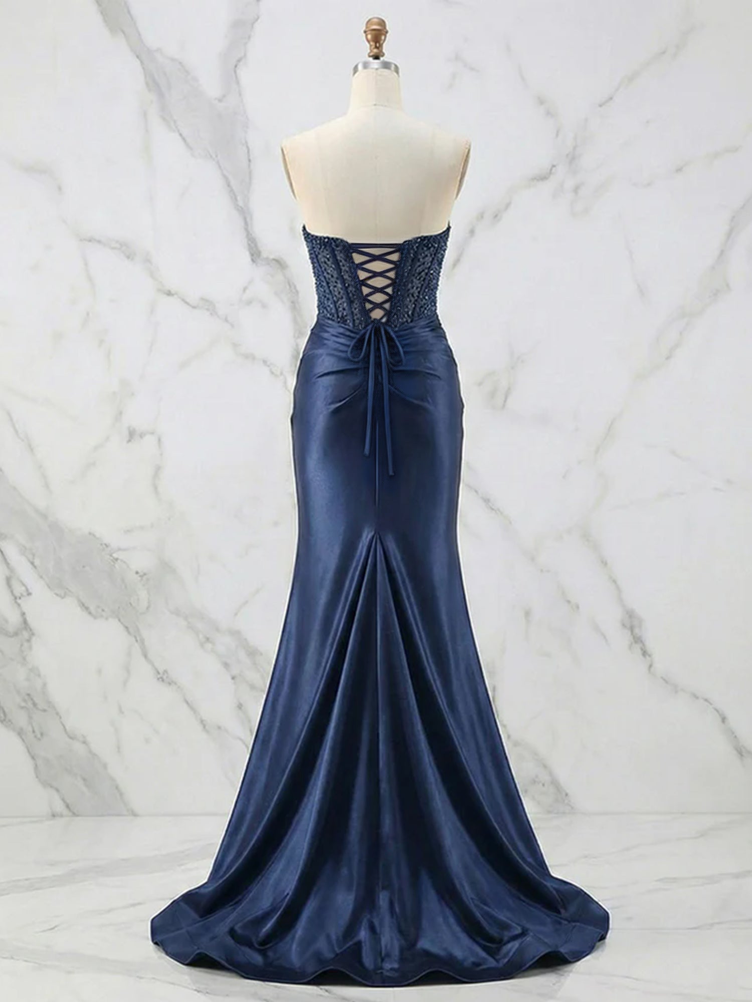 Glamorous Strapless Beaded Corset Satin Prom Dress with Slit