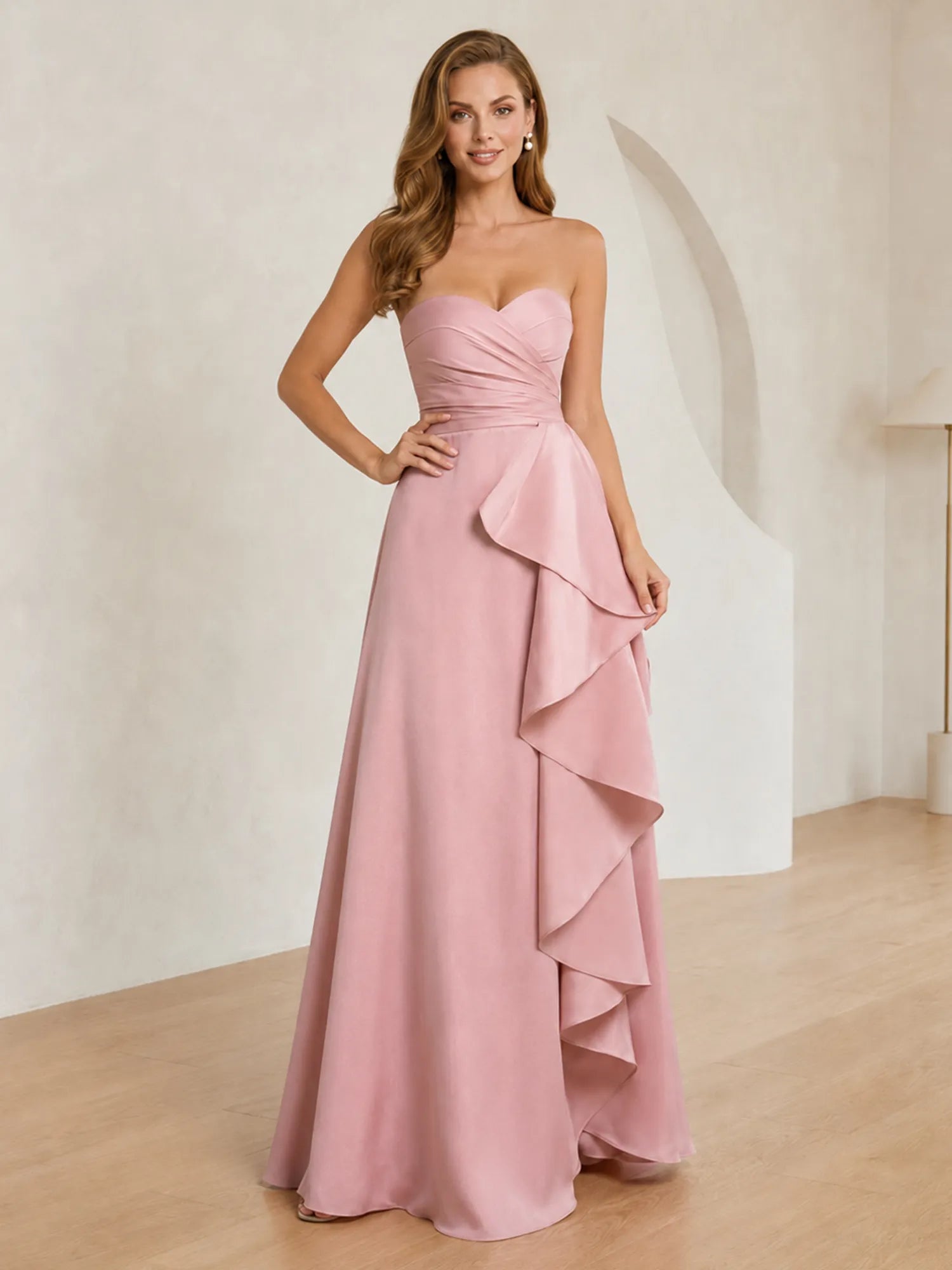 Formal Evening Dress Blush Strapless Ruffle Maxi Dress Gown