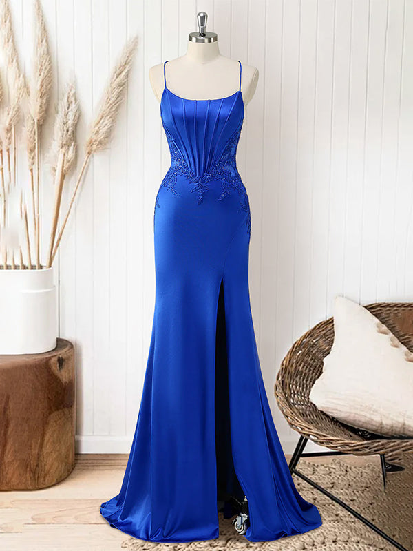 Red Mermaid Corset Spaghetti Straps Long Prom Dress with Appliques