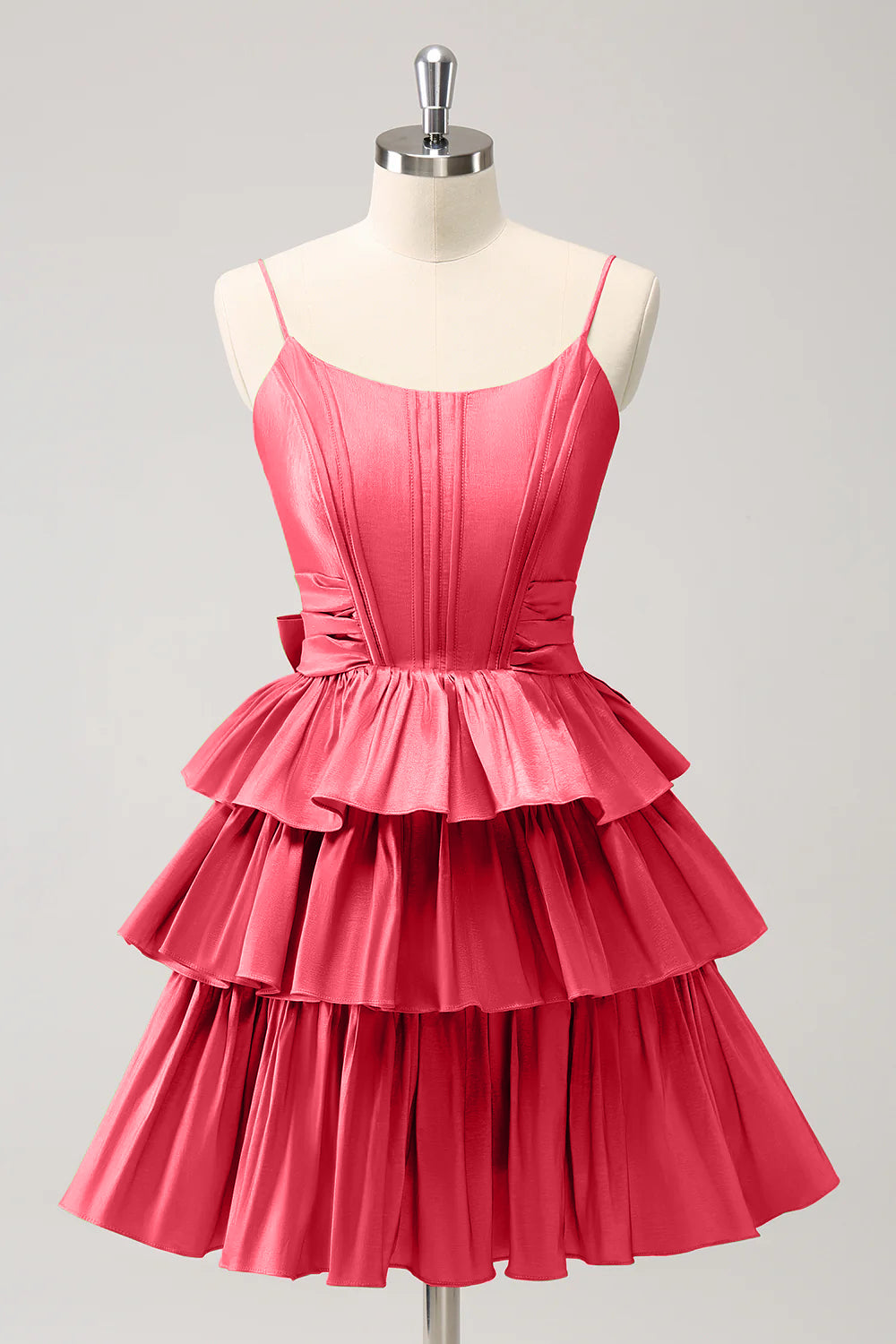 Hot Pink A Line Spaghetti Straps Corset Tiered Ruffle Homecoming Dress with Bow