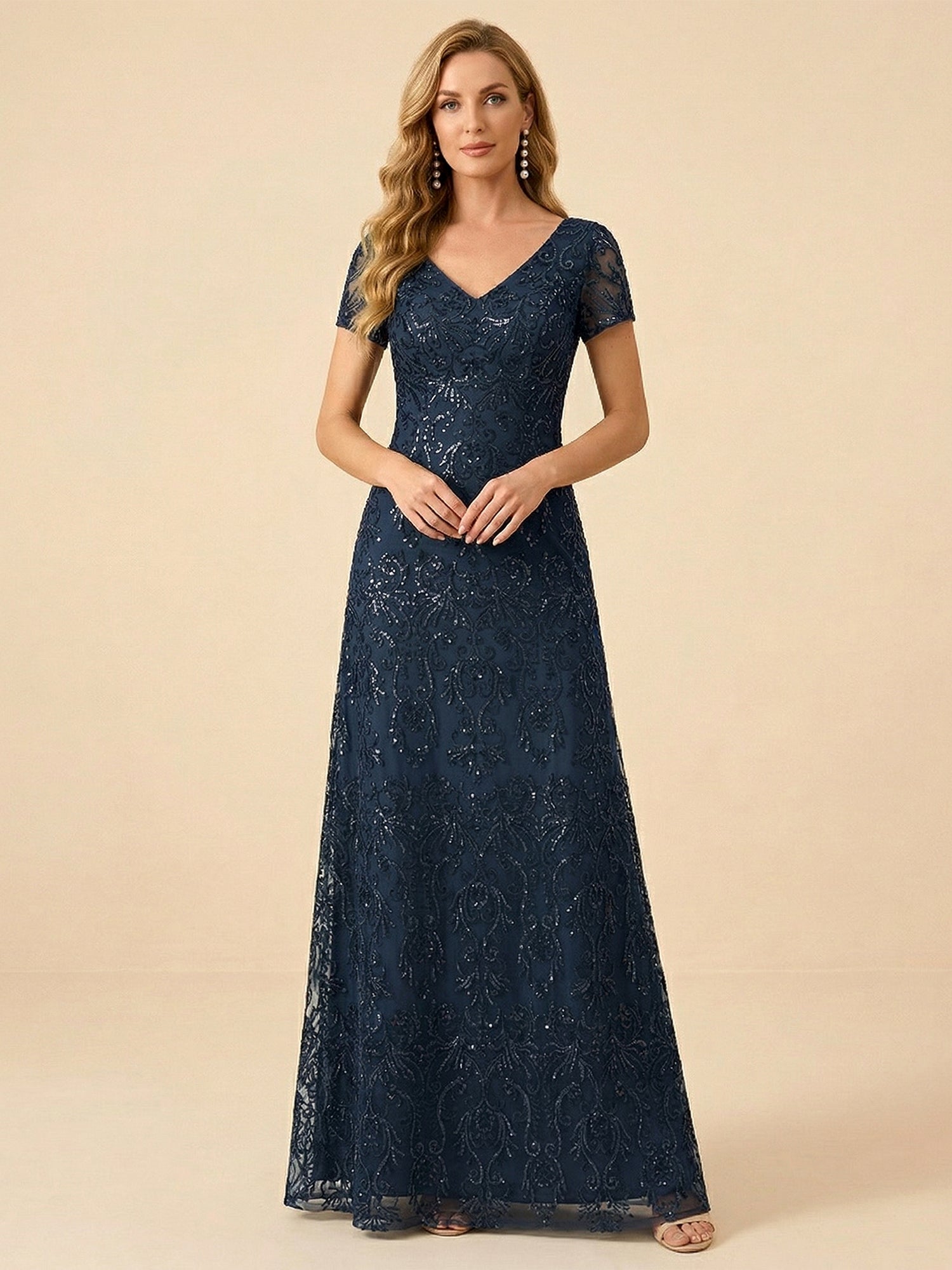 Navy Blue V-Neck Embroidery Short Sleeves Mother of the Brides Gown