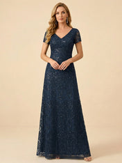 Navy Blue V-Neck Embroidery Short Sleeves Mother of the Brides Gown