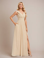 Champagne A Line Chiffon V Neck Floor Length Bridesmaid Dress With Slit