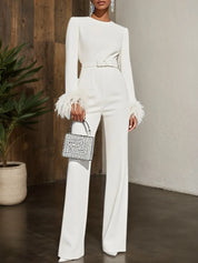 Women White Feather-trimmed Crew Neck Long Sleeve Dressy Jumpsuit
