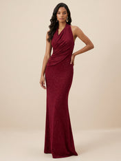 Burgundy Glitter Halter Draped Neck Mermaid Maxi Dress