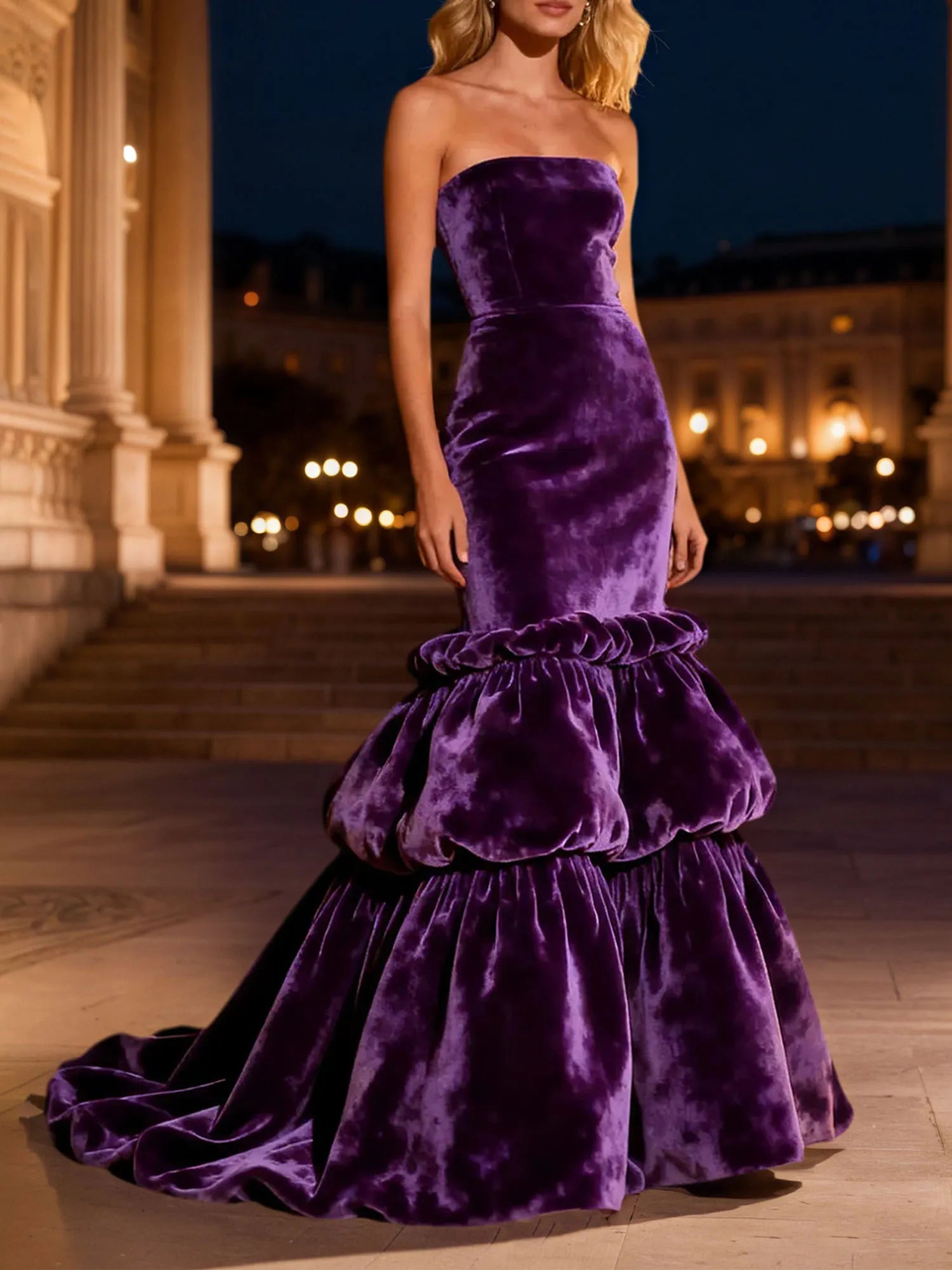Purple Tiered Velvet Long Mermaid Holiday Party Dress with Ruffles