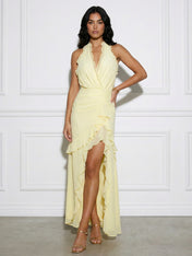 Yellow V Neck Mermaid Chiffon Maxi Dress with Ruffle