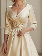 A Line V Neck 3/4 Sleeve Satin Ruched Mother of the Bride Dress