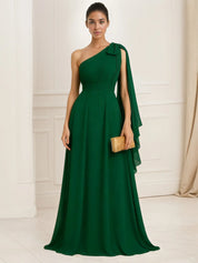 A Line One-Shoulder Chiffon Pleated Bow Maxi Evening Dress