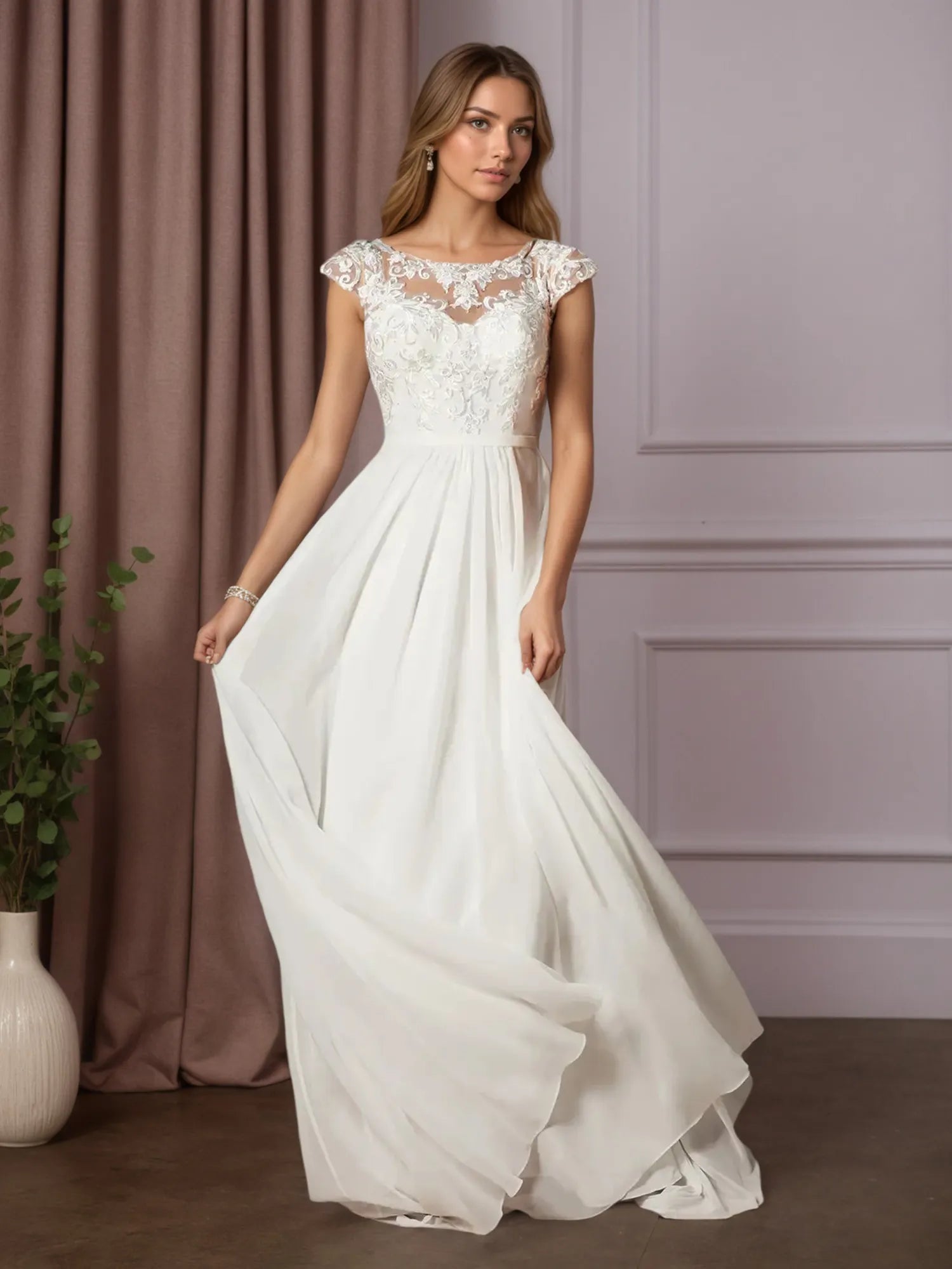 White A-Line Scoop Sequins Chiffon Wedding Dress