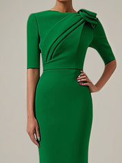 Green Daily Semi-Formal Dress Round Neck Short Sleeves Tea Length Dress