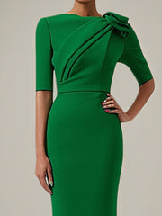 Green Daily Semi-Formal Dress Round Neck Short Sleeves Tea Length Dress