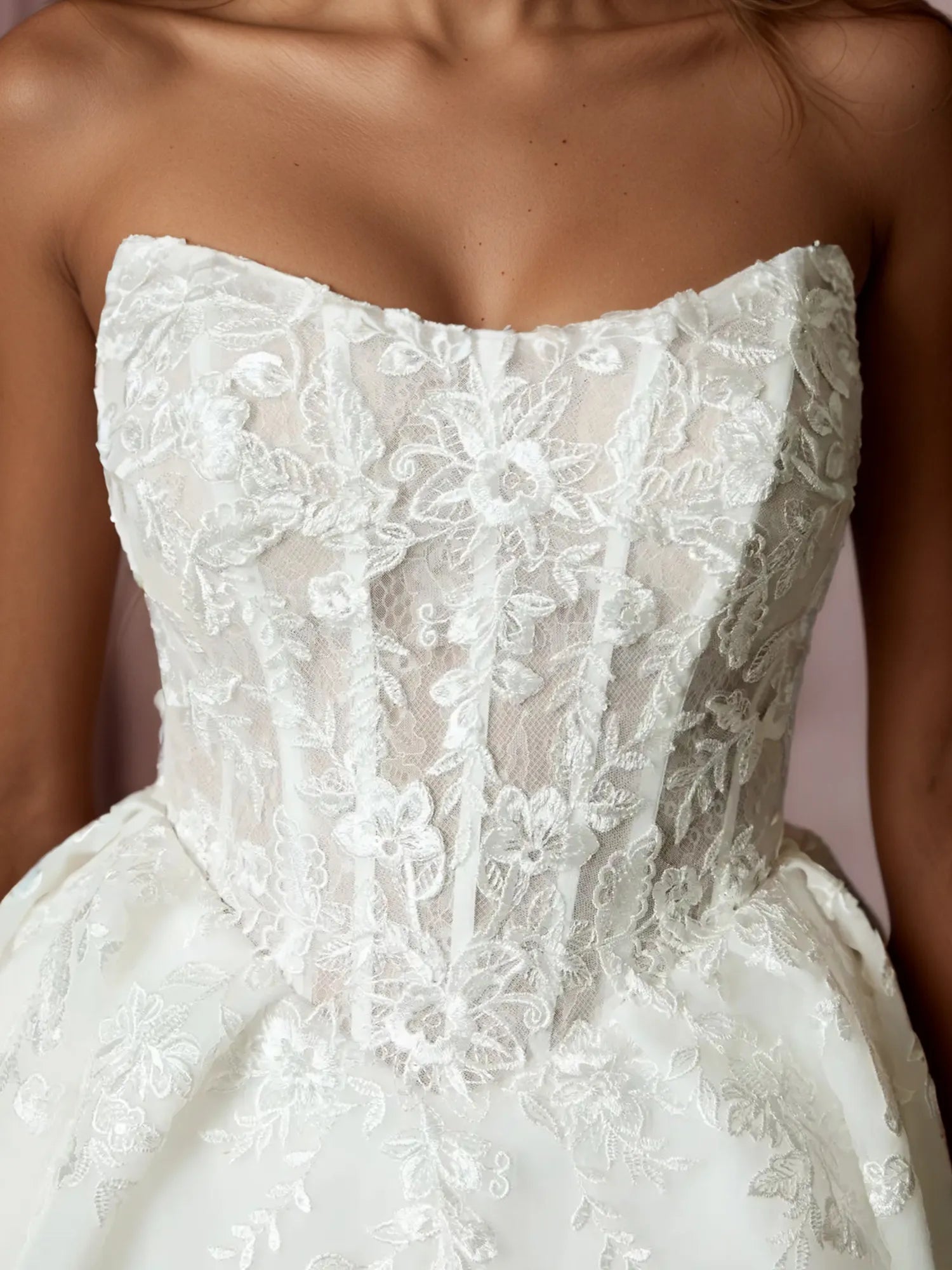 White Ball-Gown Strapless Pleated Lace Wedding Dress