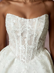 White Ball-Gown Strapless Pleated Lace Wedding Dress
