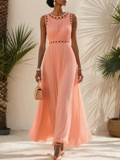 Orange Lace Pleated Hollow Out Chiffon Crew Neck Sleeveless A-Line Maxi Dress
