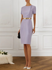 Work Dress Purple Crew Neck Belted Knee-Length Dress