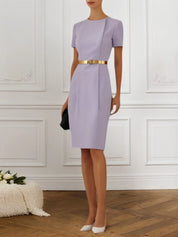 Work Dress Purple Crew Neck Belted Knee-Length Dress