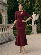 Burgundy Keyhole Cutout Half-Sleeve Midi Evening Dress