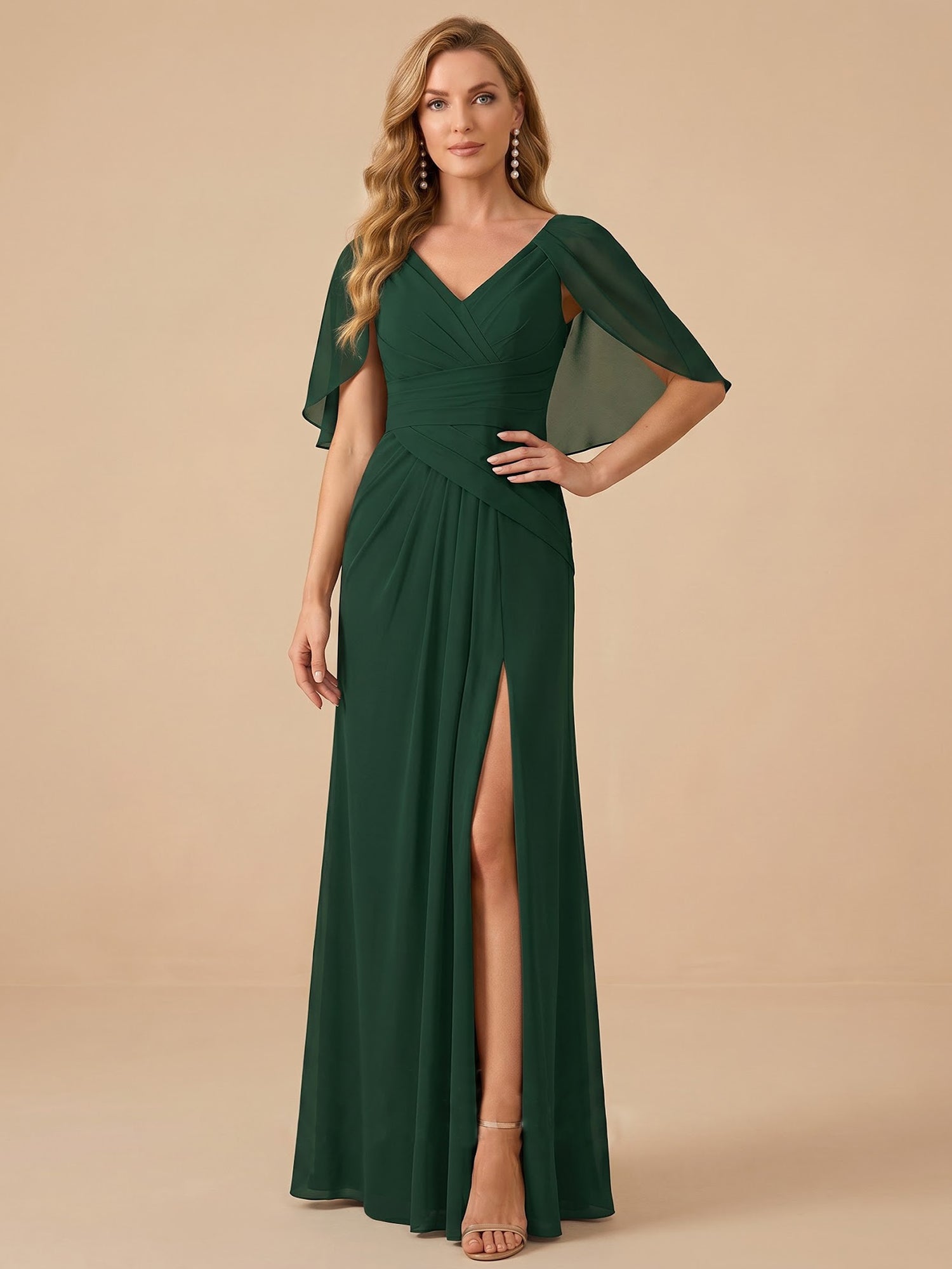 V-Neck Draped Cape Sleeve Chiffon Mermaid Mother of the Bride Dress with Slit