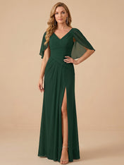 V-Neck Draped Cape Sleeve Chiffon Mermaid Mother of the Bride Dress with Slit
